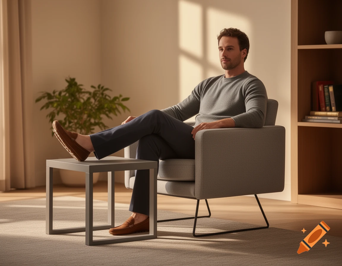 A man in a grey sweater and brown loafers relaxes in a modern grey armchair, with one foot on a small side table in a bright living room.