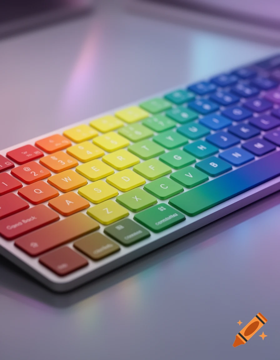 A close-up, high-angle shot of a rainbow-colored computer keyboard, showing a gradient of red, orange, yellow, green, blue, and purple keys.