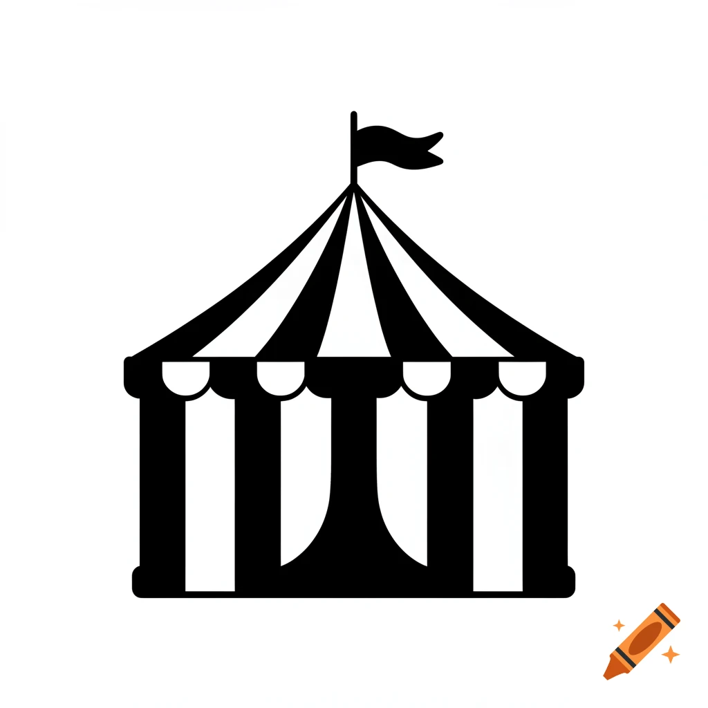 A black and white simplified icon of a circus tent with a flag on top.
