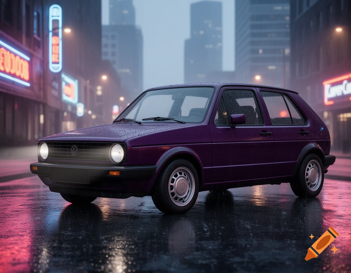 A dark purple Volkswagen Golf Mk2 is parked on a wet city street at night, with rain and neon lights reflecting on the ground.