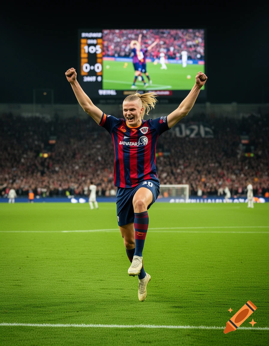 Male soccer player in a red and blue striped jersey celebrates a goal with arms raised in a stadium, scoreboard in background. Photorealistic.