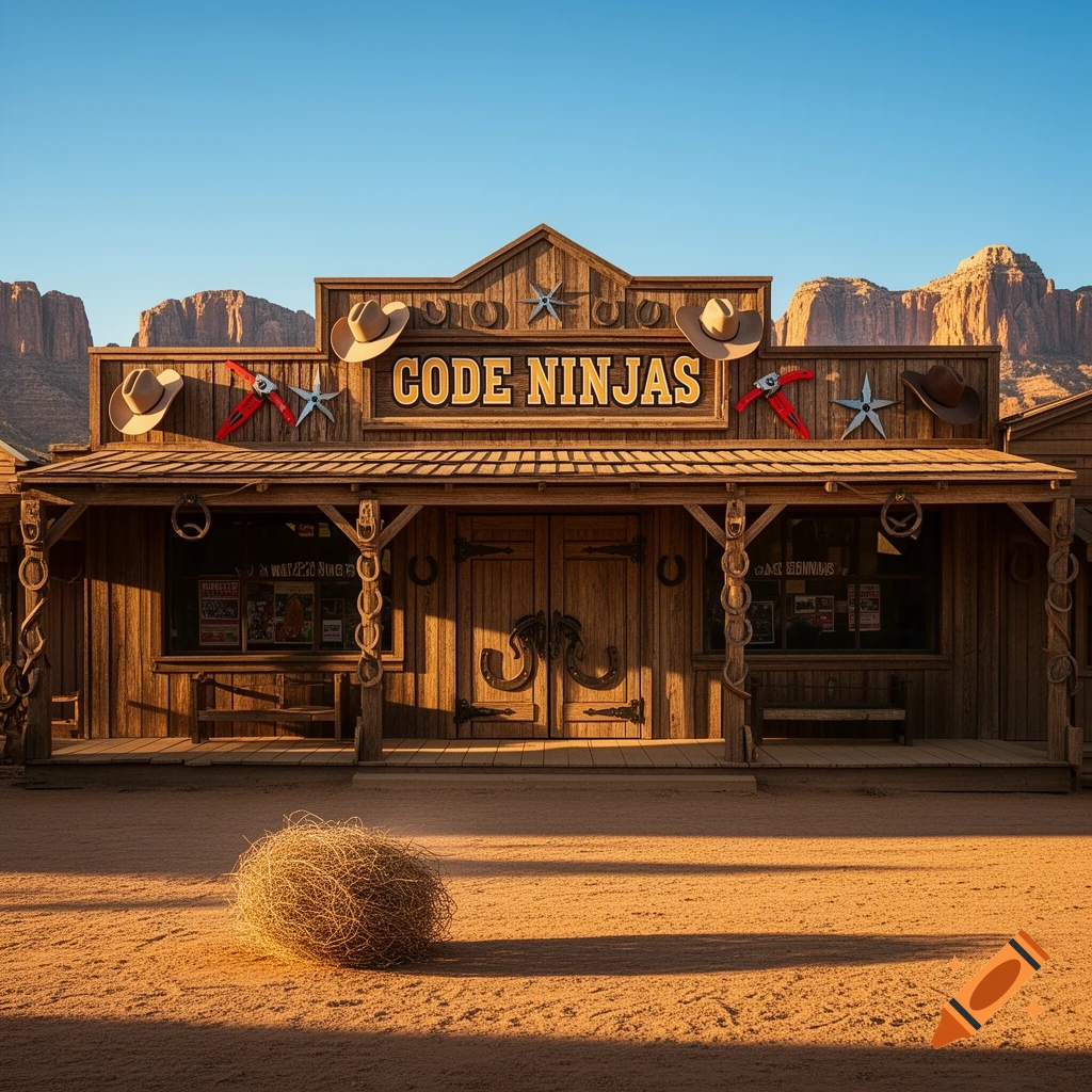 A photorealistic image of a wooden Western-style building with 'CODE NINJAS' on the sign, a tumbleweed in the foreground, and mountains under a clear sky.