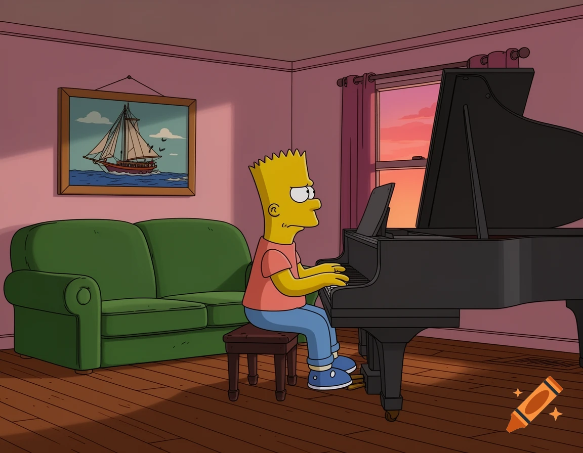 Bart Simpson plays a grand piano in the melancholic cartoon-style living room of the Simpsons house.