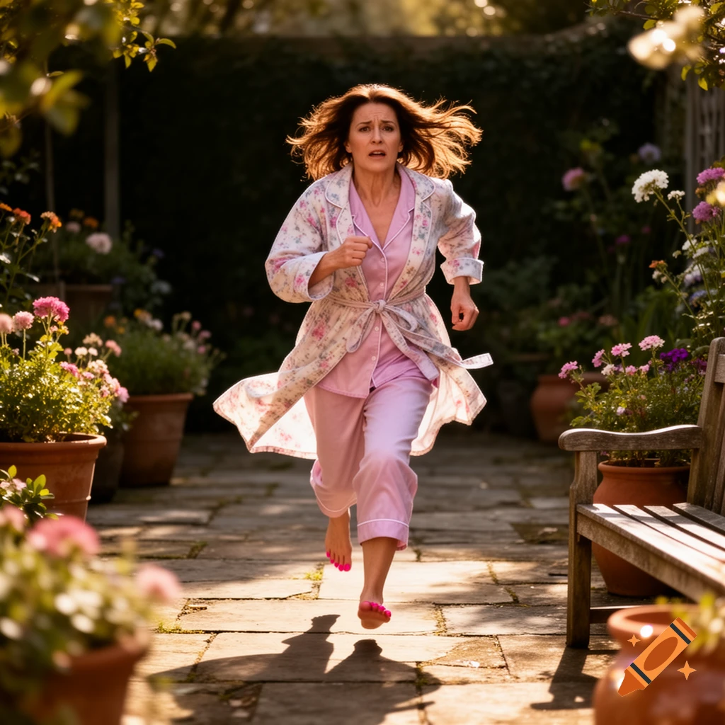 Alarmed woman in pink pajamas and a floral housecoat runs barefoot through a sunny garden patio.