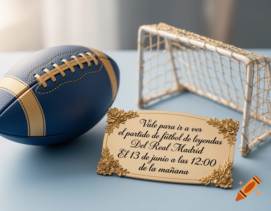 A blue and gold American football next to a miniature soccer goal and a gold decorative card with Spanish text about a Real Madrid legends match.