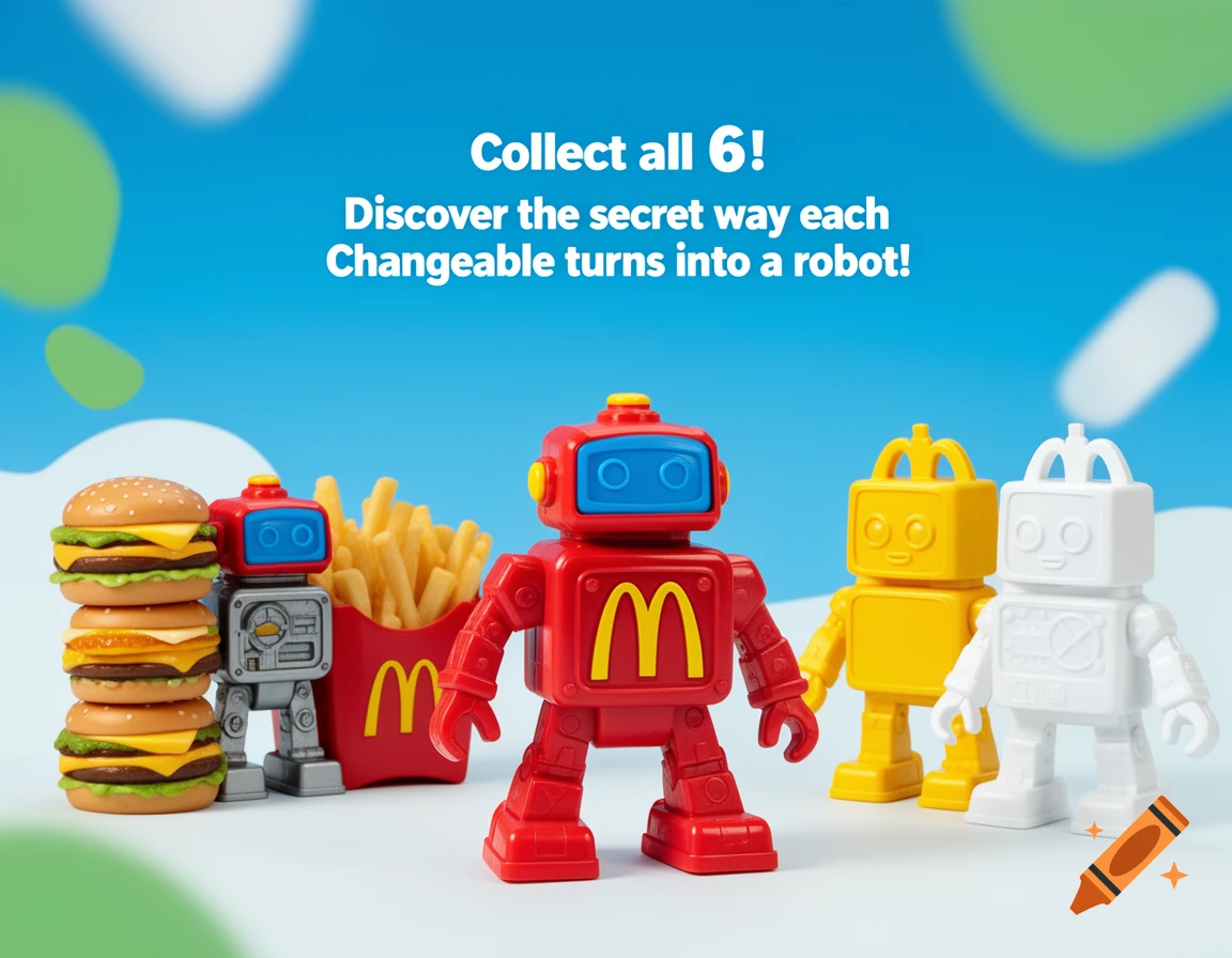 McDonald's Happy Meal Changeables robot toys in red, yellow, and white, with a stack of burgers and fries on a blue background.