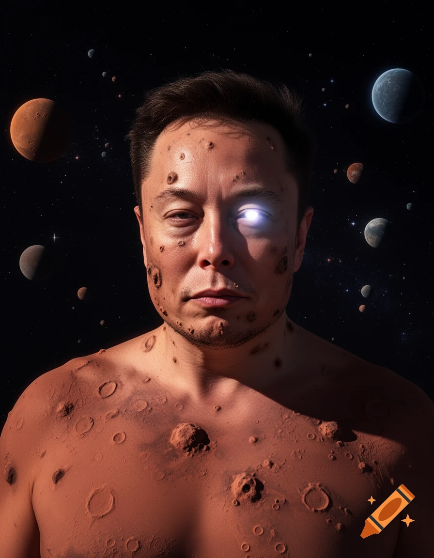 Elon Musk's portrait with crater-textured skin like Mars, one glowing eye, in space with planets.
