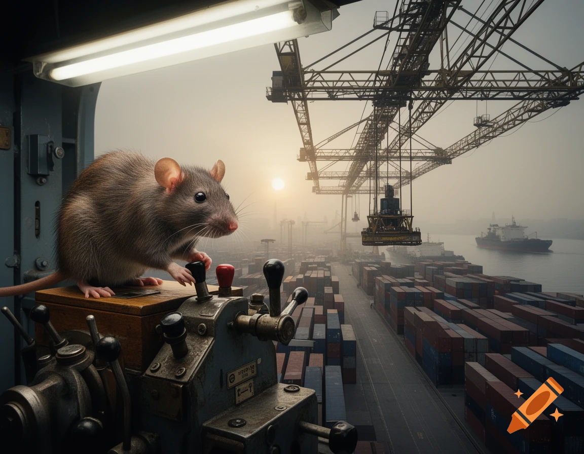 A photorealistic rat operates crane controls, overlooking a foggy shipping port with containers and gantry cranes at sunrise.