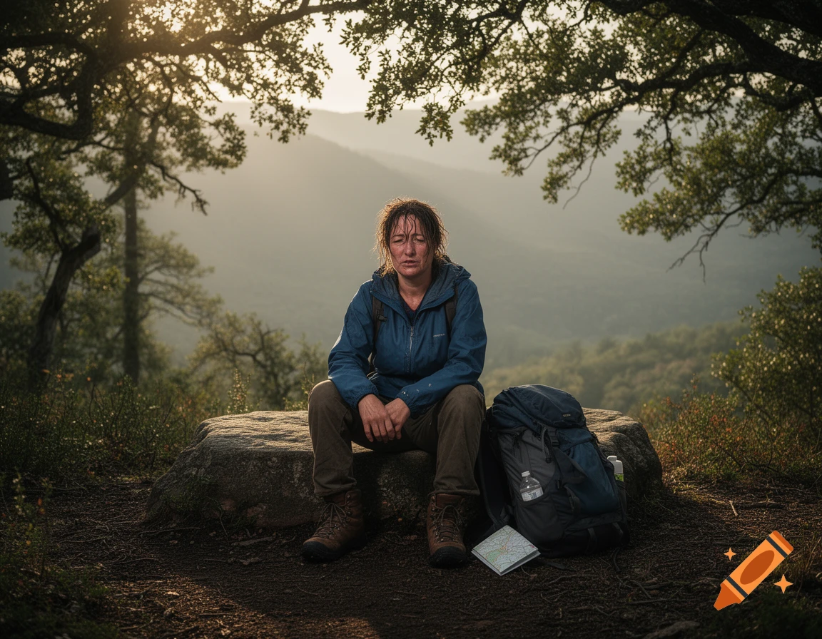 An exhausted female hiker in a blue jacket sits on a rock, resting with her backpack in a sunny mountain landscape.