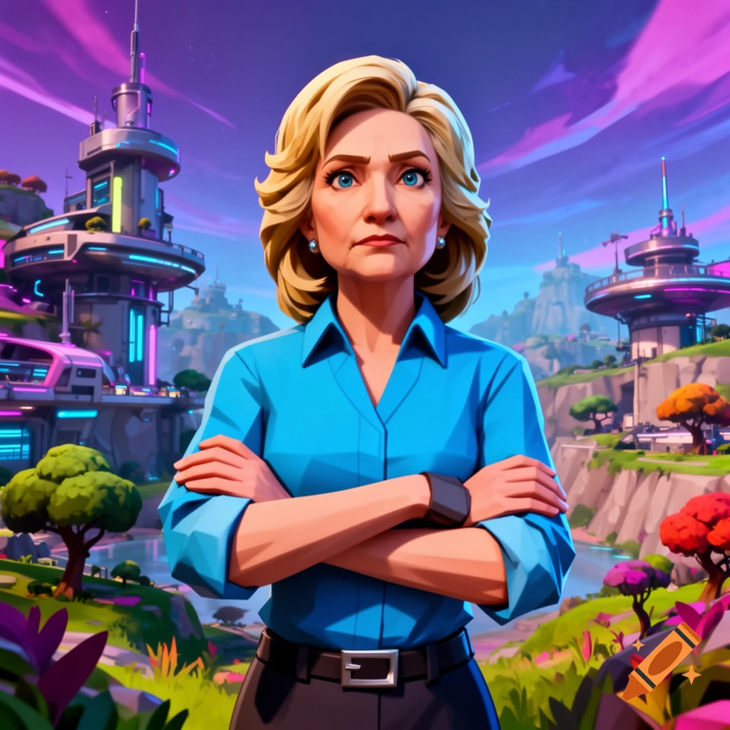 Hillary Clinton in a blue shirt with arms crossed, depicted in a vibrant Fortnite art style against a futuristic landscape.
