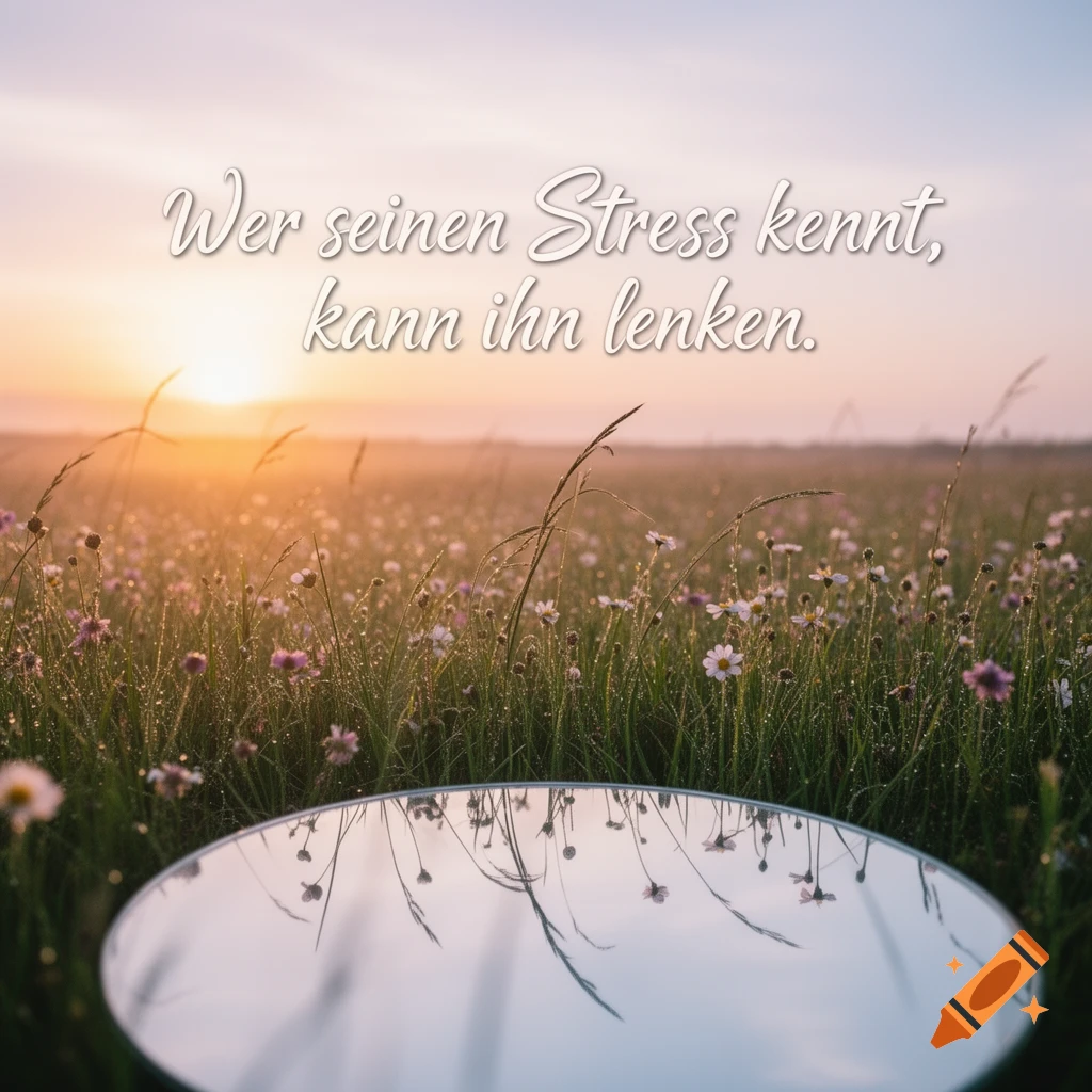 Sunrise over a wildflower field with a mirror reflecting the sky, featuring an inspirational German quote.