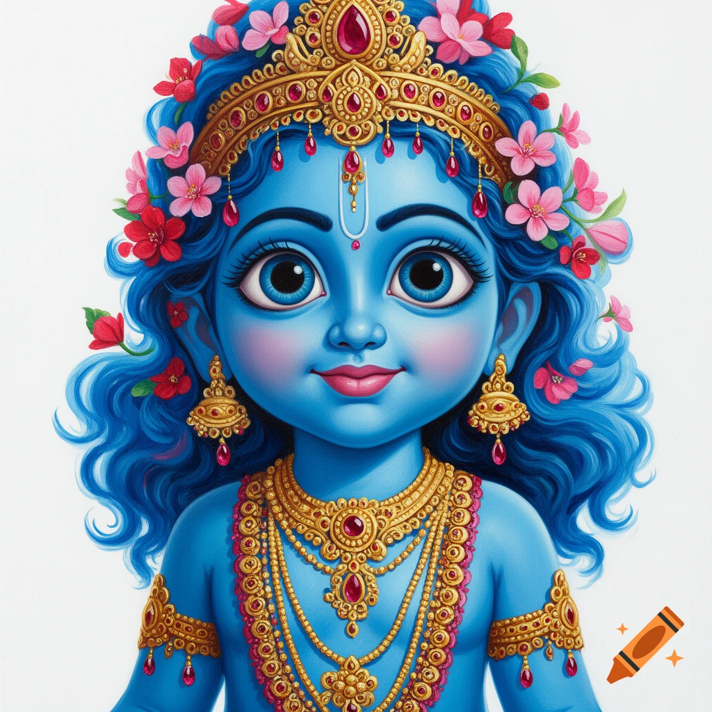 A cute, blue-skinned caricature of a Hindu deity, adorned with elaborate gold jewelry, a headpiece, and blue wavy hair with pink and red blossoms.