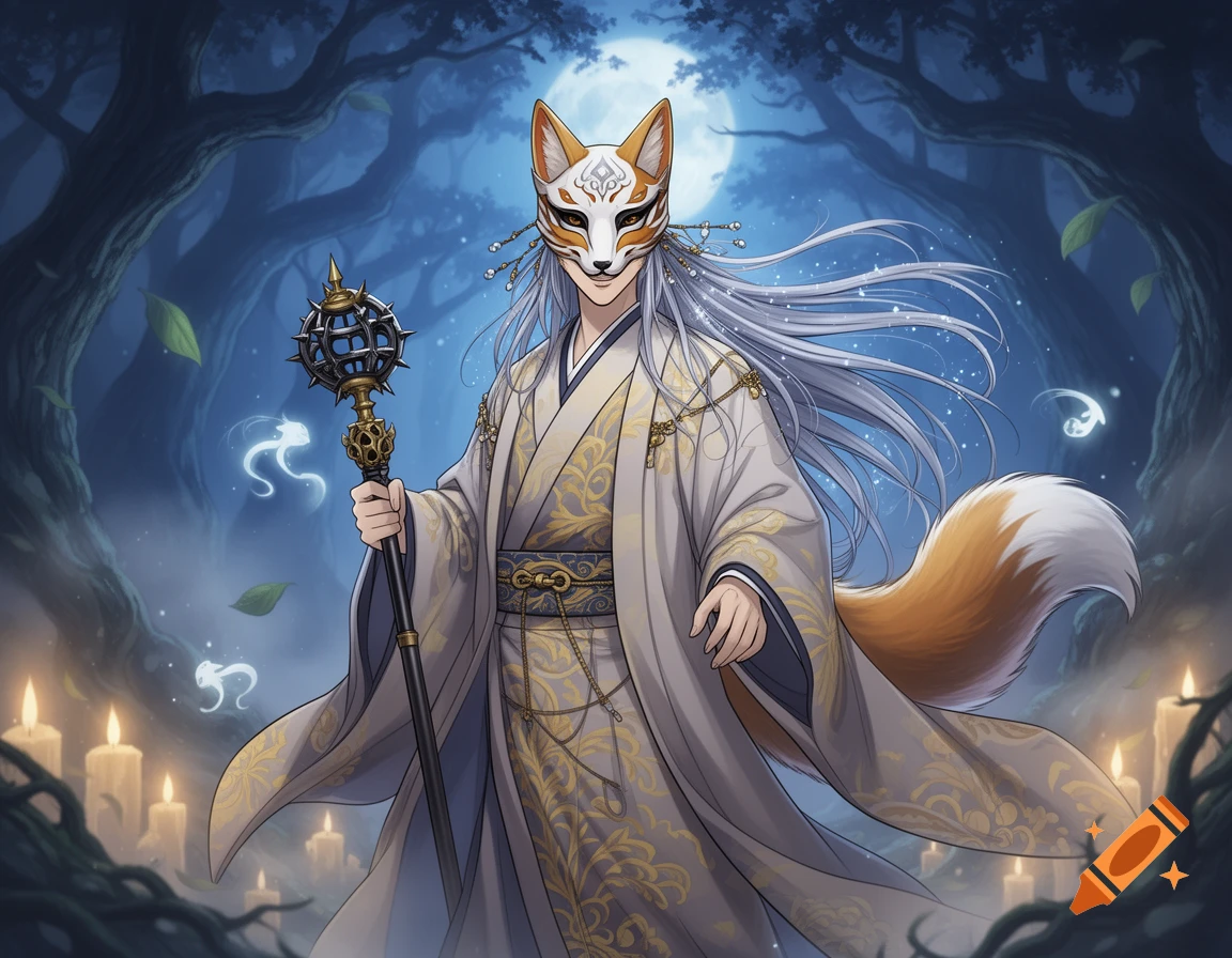 Anime male kitsune in a kimono and fox mask, with a bushy tail and long white hair, holding a mace in a mystical moonlit forest.
