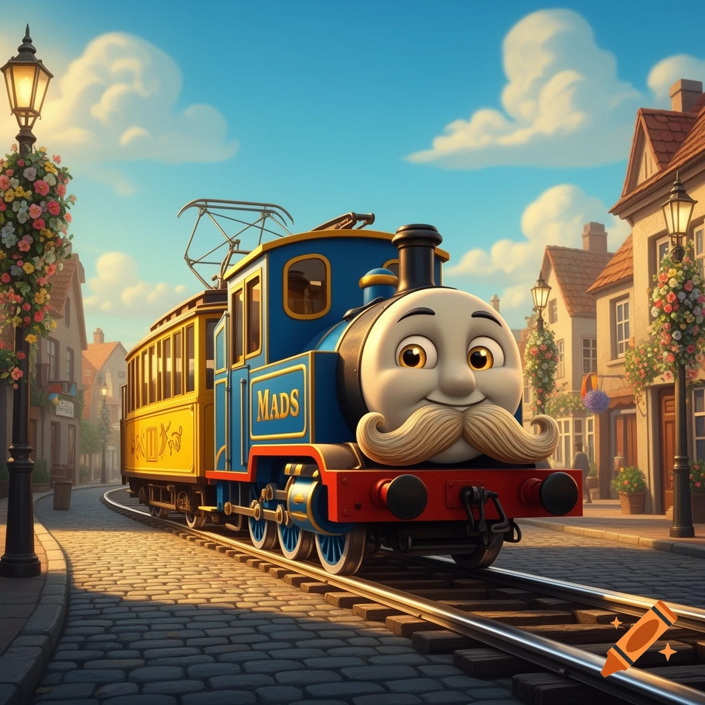 A cartoon tram with a face and a handlebar mustache, styled like Thomas the Tank Engine, on a cobblestone street. The blue and yellow train is labeled "MADS".