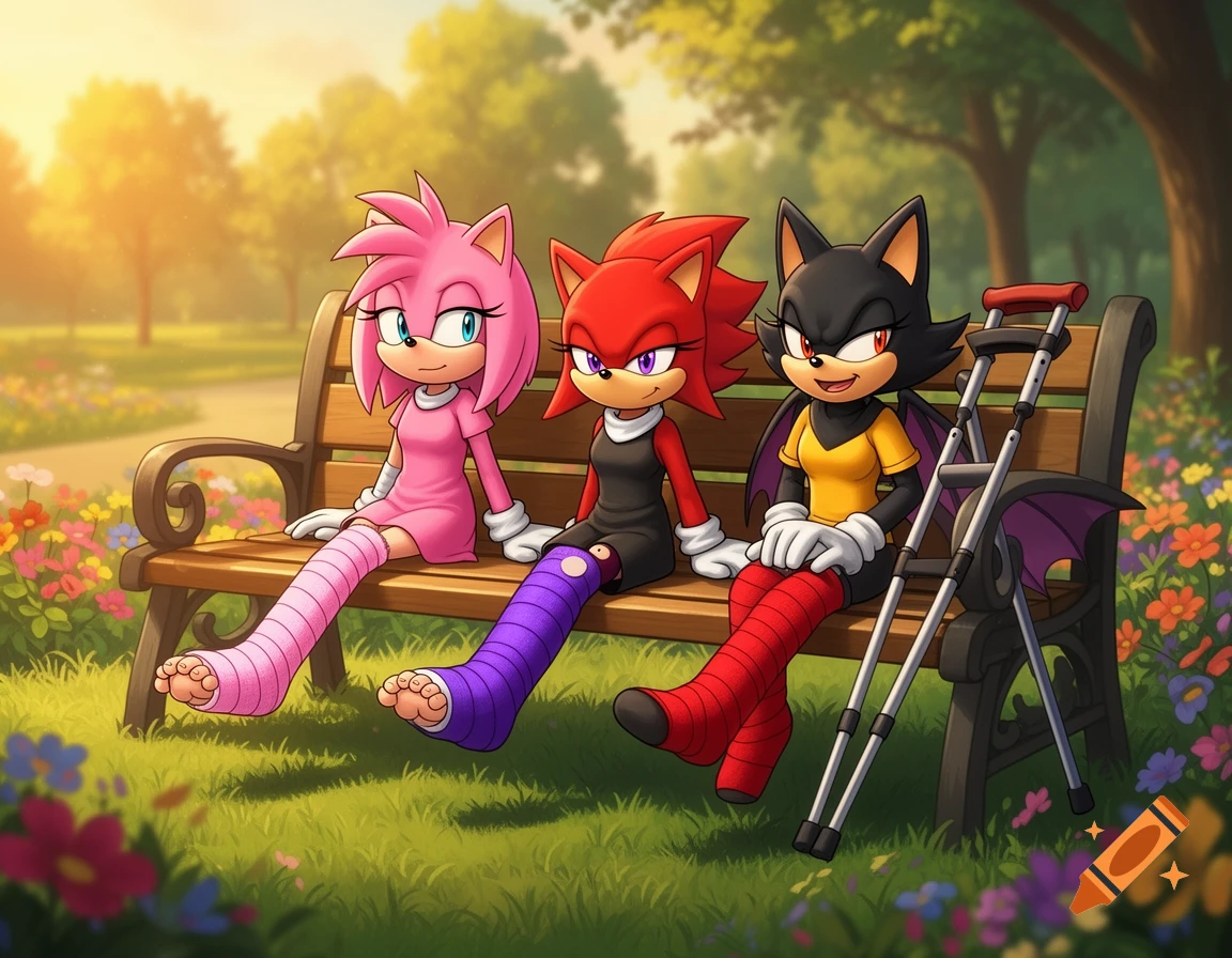 Three female Sonic characters, Amy, a red hedgehog, and Rouge, sit on a park bench with casts on their legs and crutches nearby. They are in a sunny park setting.