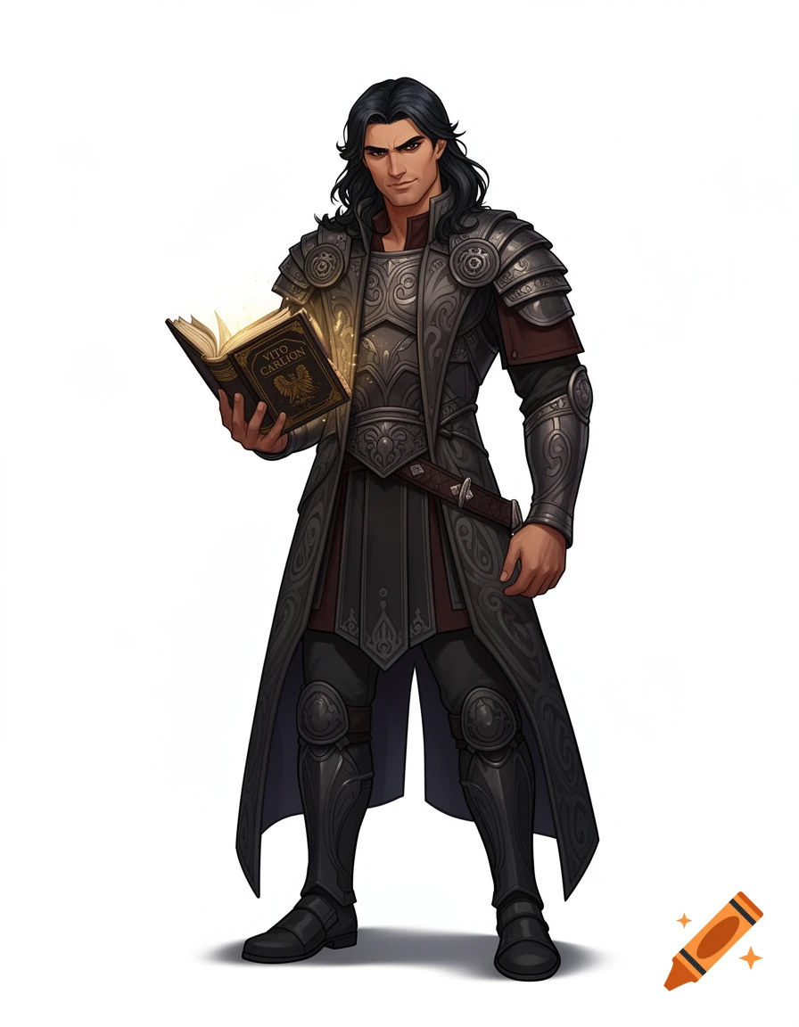 A dark-haired man in intricate fantasy armor holds a glowing book, standing in an elegant pose.