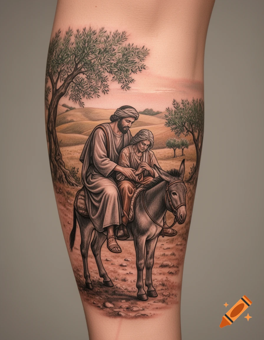 A monochrome tattoo of a man and woman riding a donkey through a hilly landscape with olive trees under a sunset sky.