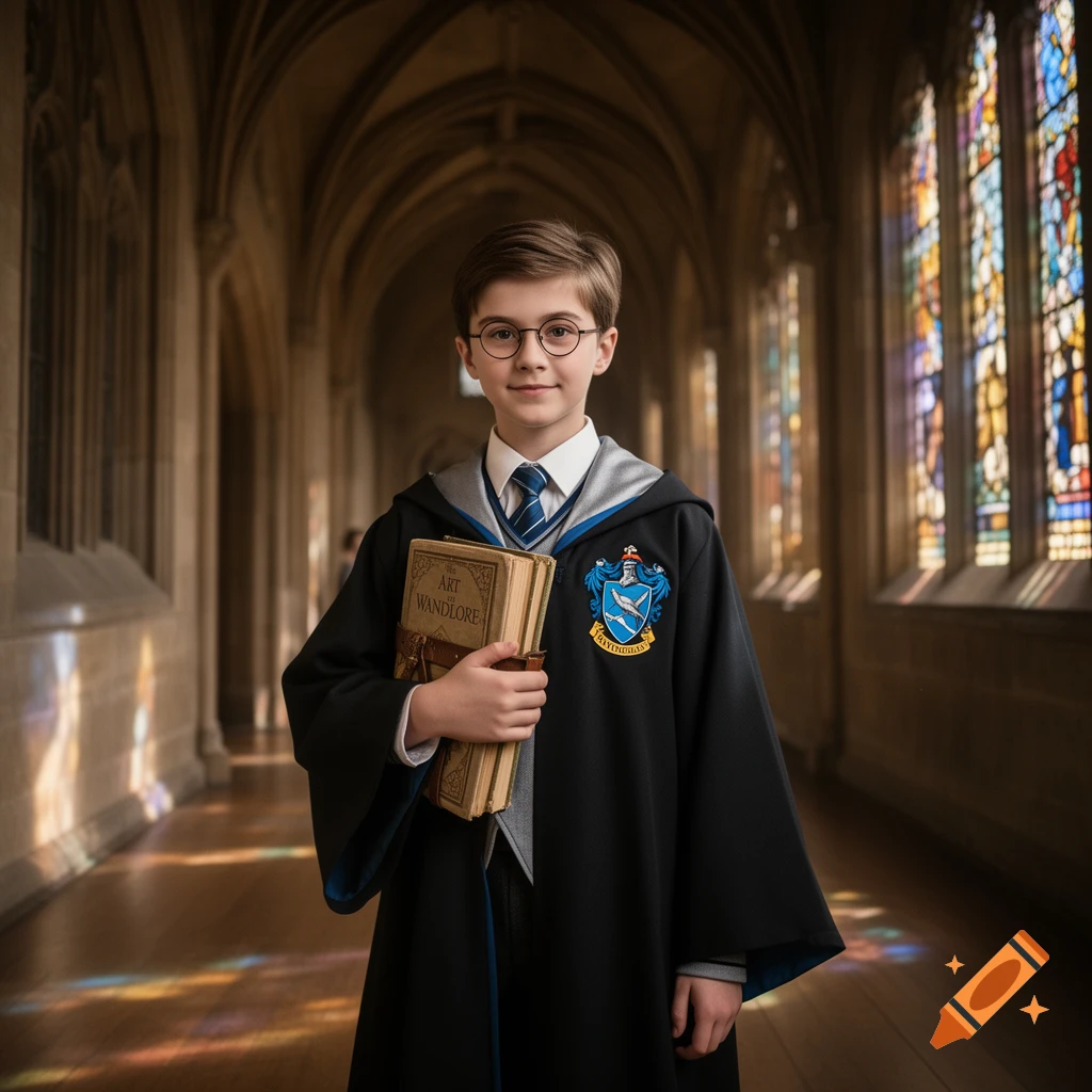 A boy with glasses in Ravenclaw robes holds a book, standing in a long stone hallway with stained glass windows.