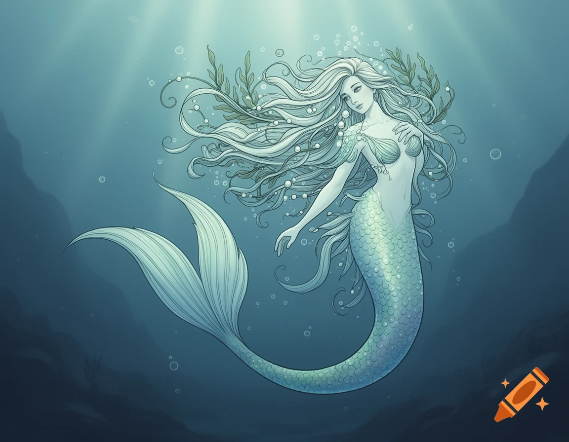 Line art illustration of a mermaid with flowing white hair and a shimmering green tail, surrounded by bubbles underwater.