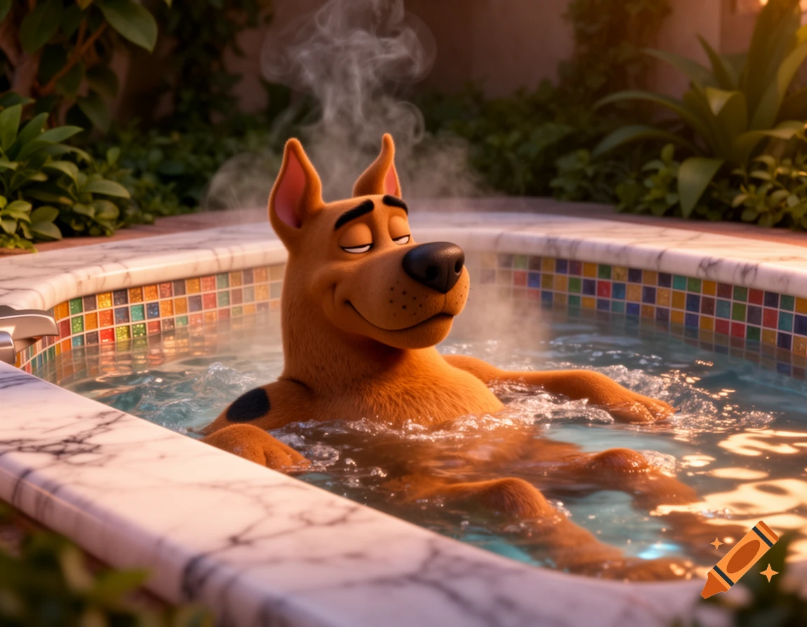 Scooby-Doo relaxing with closed eyes in a steaming hot tub, depicted in a 3D cinematic animation style.