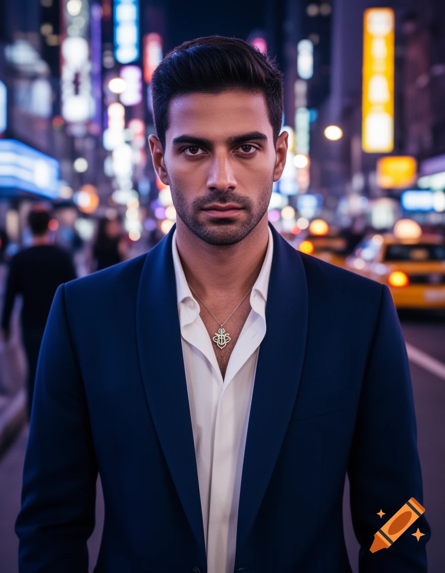A serious-looking man in a dark blue suit and white shirt with a ...