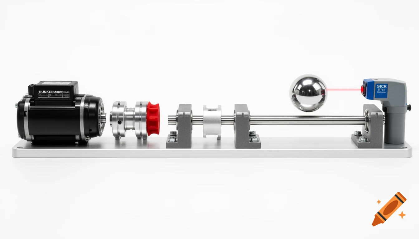 A detailed view of a Ball-and-Beam machine setup on a white background, featuring a motor, shaft, metal ball, and laser sensor.
