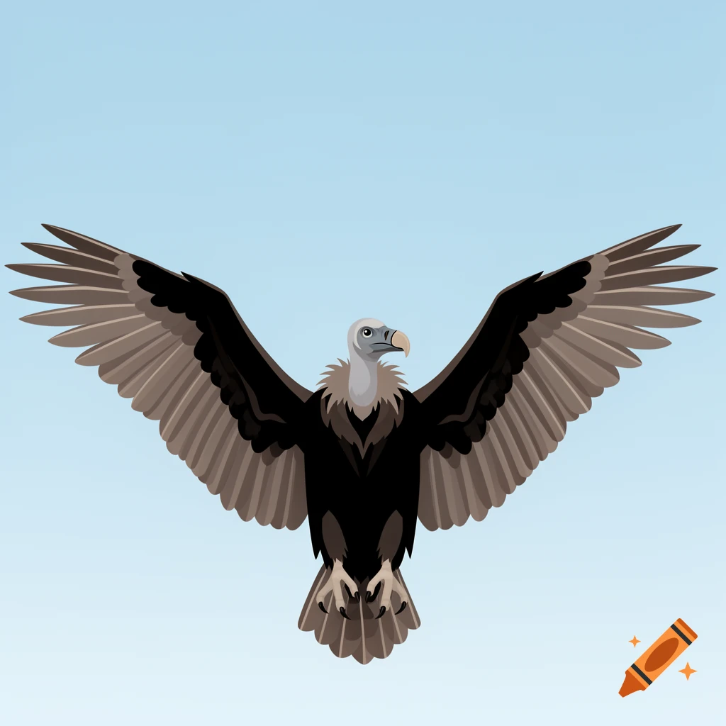 Cartoon illustration of a vulture flying with wings spread against a light blue sky.