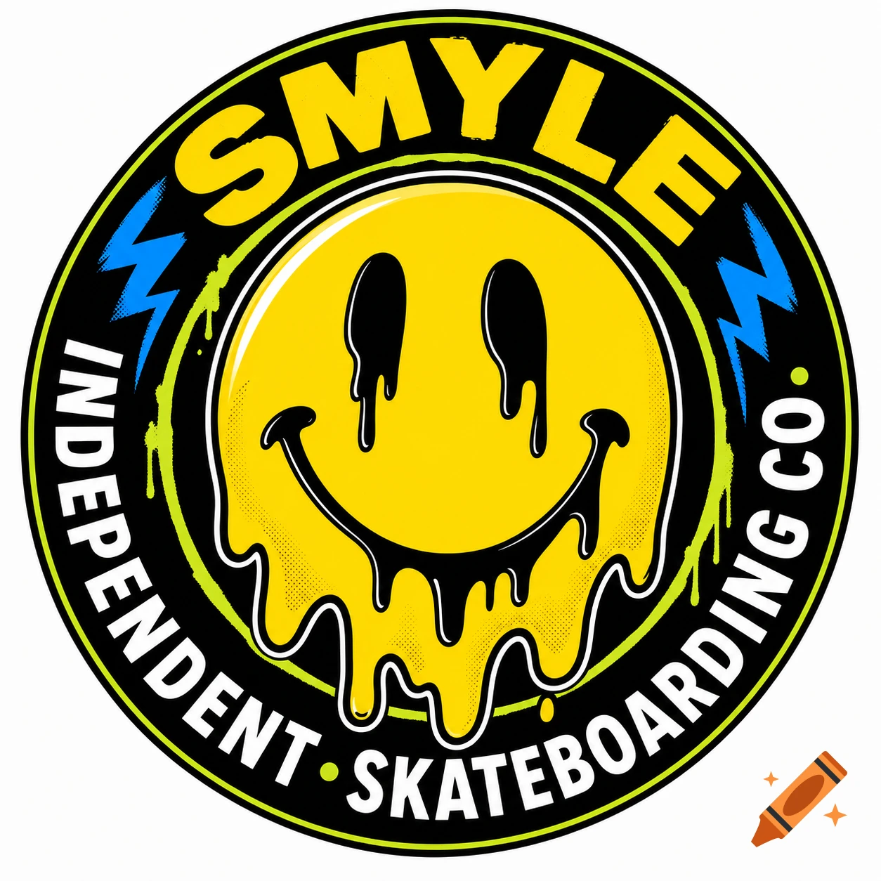 A circular logo with a melting yellow smiley face, black outlines, green splatters, and 'SMYLE INDEPENDENT SKATEBOARDING CO.' text.