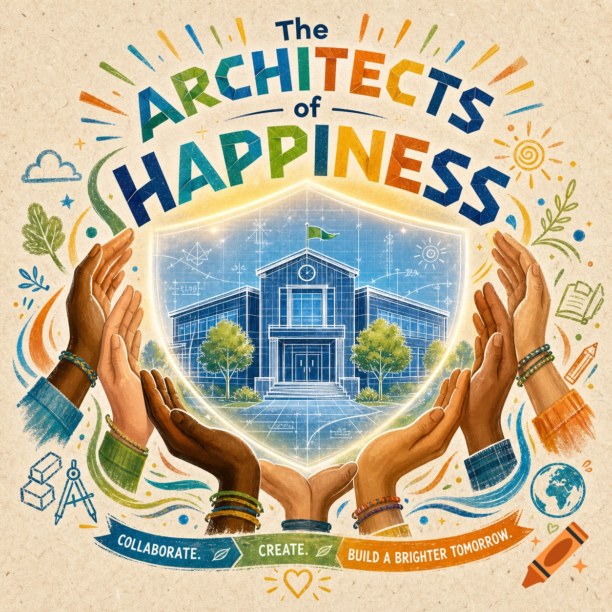 Colorful illustration of diverse hands supporting a glowing blueprint of a school building. Text: 'The Architects of Happiness'.