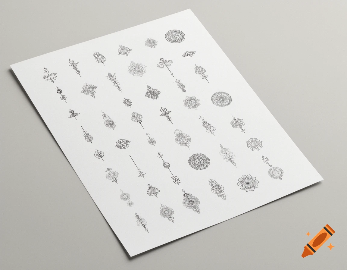 A white sheet of paper covered with numerous small, intricate black-and-white zen-style drawings, on a grey background.