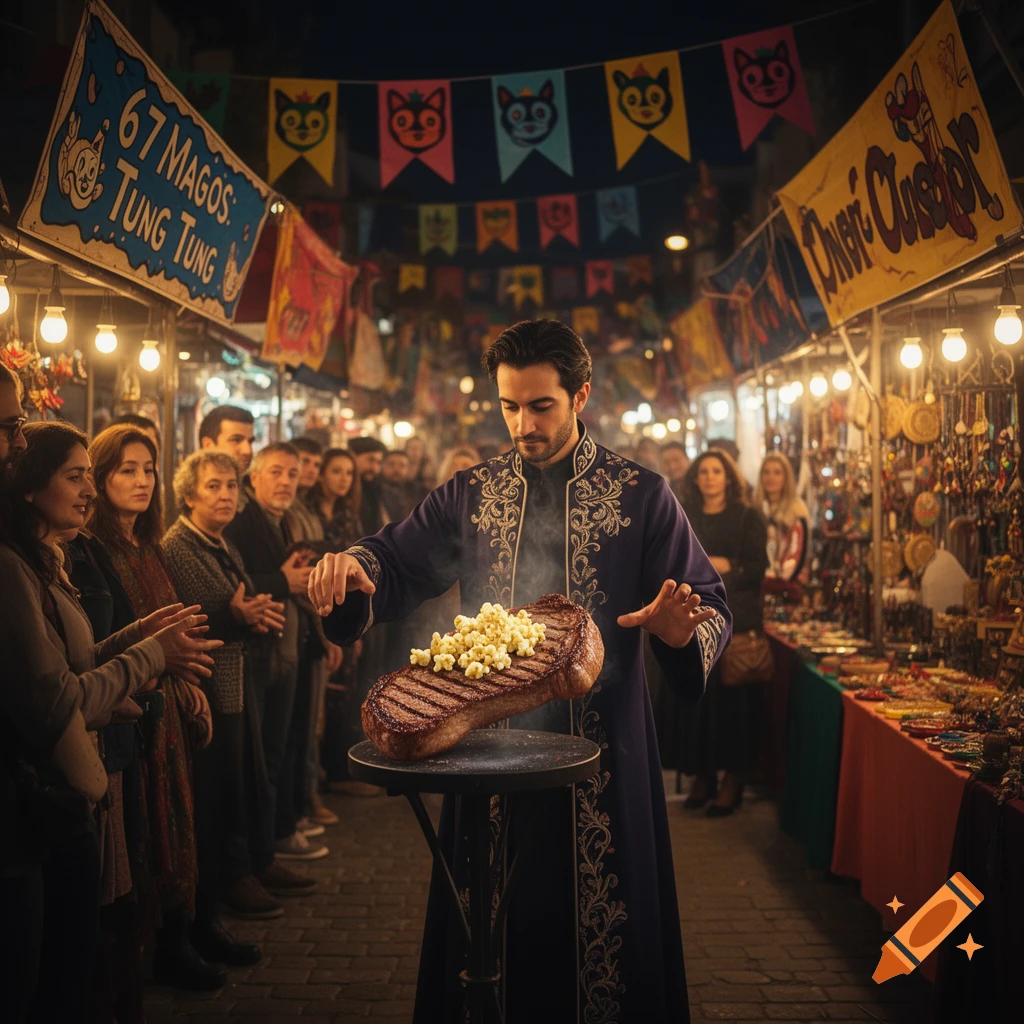 A magician in an embroidered robe performs a trick in a bustling night market, levitating a grilled steak topped with popcorn before an audience.
