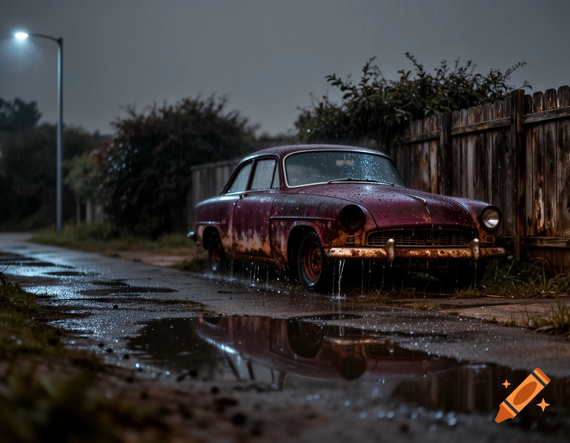 A rusty, old car is parked by a wooden fence on a rainy night, with a streetlamp reflecting in puddles.
