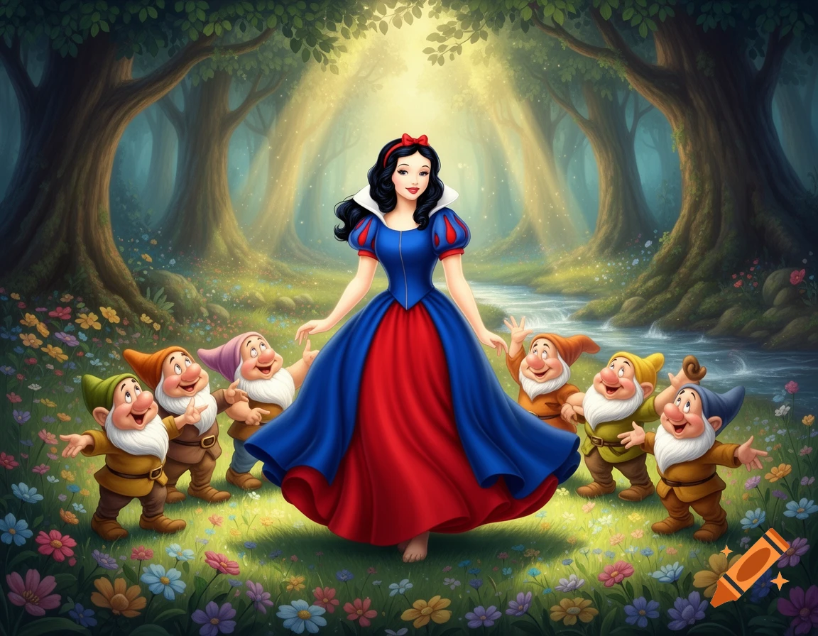 Snow White in a red and blue dress stands smiling in a sunlit forest clearing, surrounded by six happy dwarfs among colorful flowers.