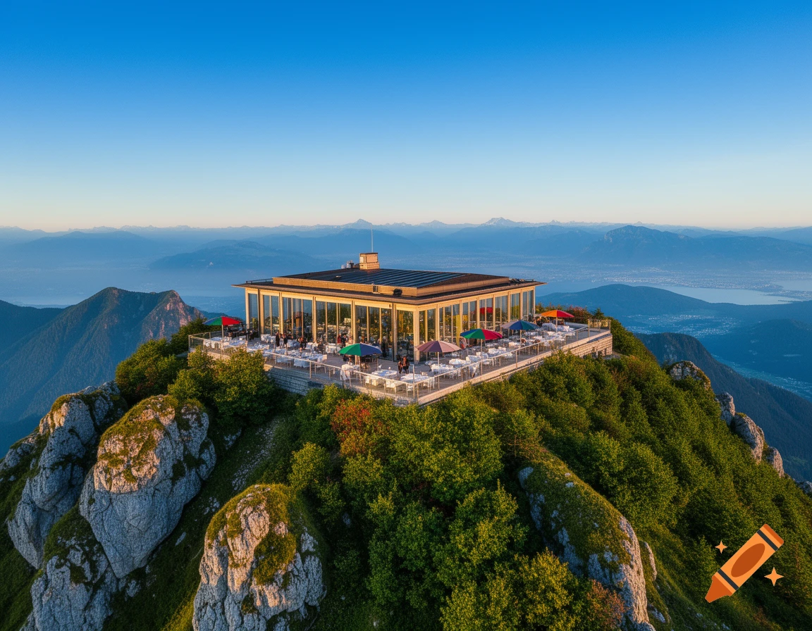 A modern glass restaurant with outdoor seating and colorful umbrellas sits atop a lush green mountain, overlooking a vast valley and distant mountains.