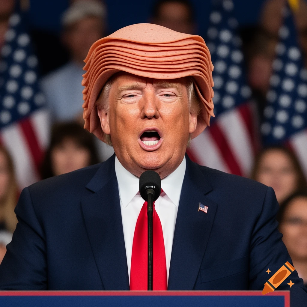 Photorealistic image of Donald Trump speaking at a podium, wearing hair made of deli meat slices, with American flags in the blurred background.