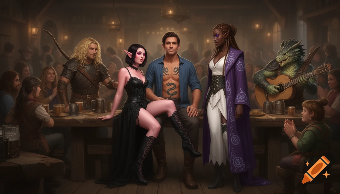 A group of diverse fantasy characters, including an elf, human, wizard, archer, and dragonborn bard, gather in a lively tavern.