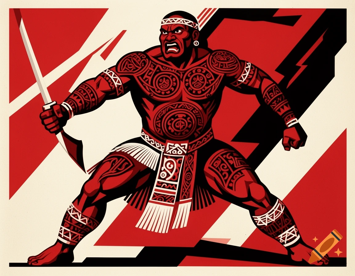 A Māori warrior with red traditional tattoos in a war stance, holding a sword, rendered in a constructivist propaganda poster style.