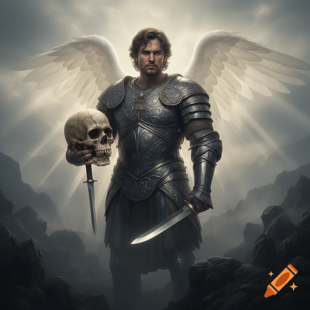 A stoic male angel in ornate armor stands holding a skull and two daggers in a misty, mountainous landscape under dramatic light rays.