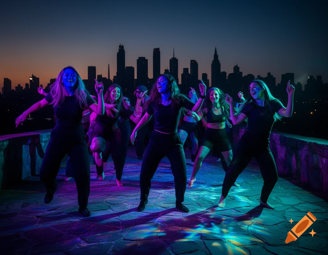 Group of women dancing on a rooftop at dusk, illuminated by vibrant blue and purple lights, with a city skyline.