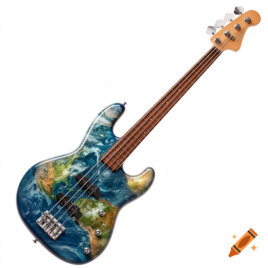 Photorealistic four-string bass guitar with an Earth map design on its body, against a white background.