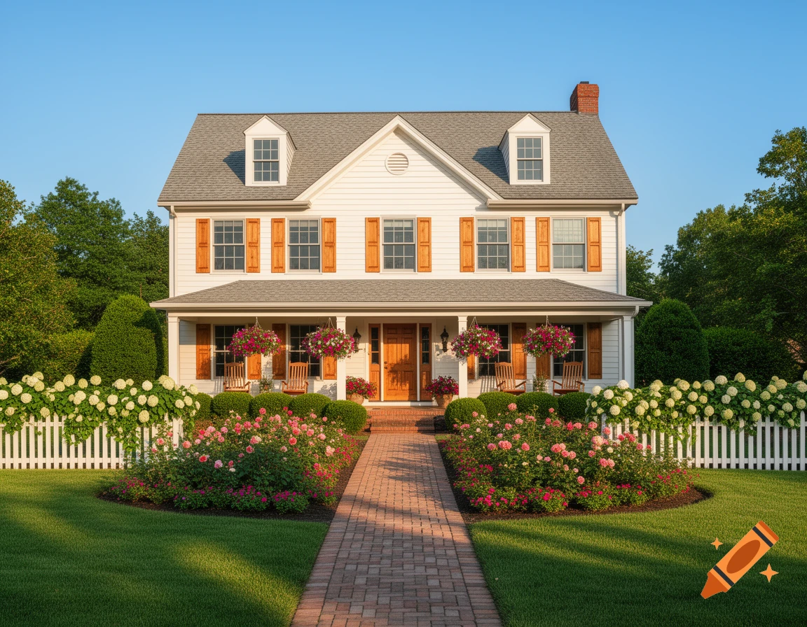 Photorealistic white two-story house with wooden shutters, a porch, and a grey roof, surrounded by a lush garden with roses, hydrangeas, and a white picket fence.