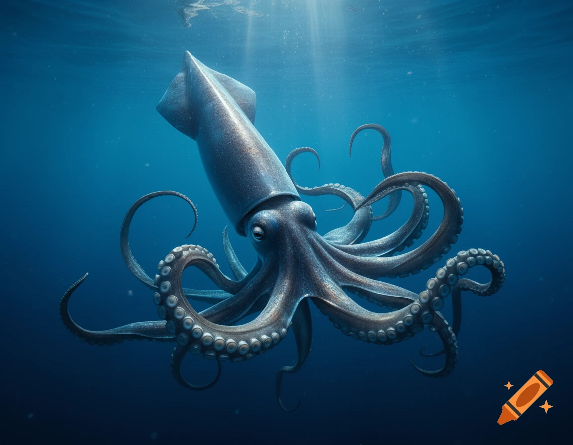 A photorealistic giant squid swims in deep blue ocean water, with light rays filtering from the surface.