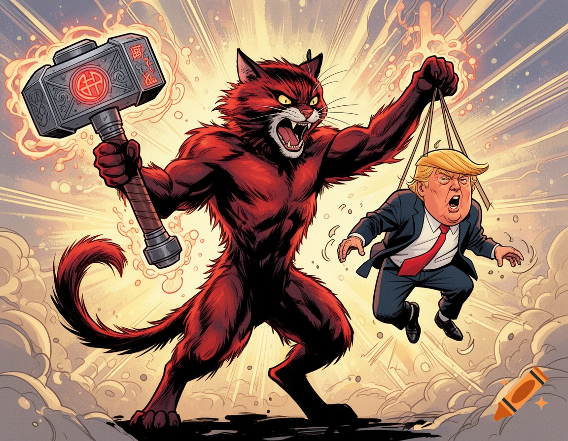 Comic style illustration of a snarling red muscular cat-like creature holding a large hammer and dangling a screaming Donald Trump by straps.