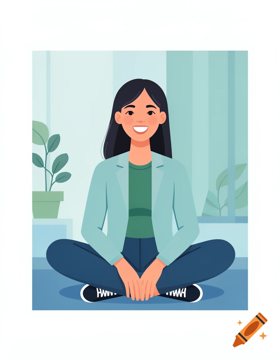 Flat illustration of a smiling woman with dark hair, wearing a green top and blue jacket, sitting cross-legged on the floor.
