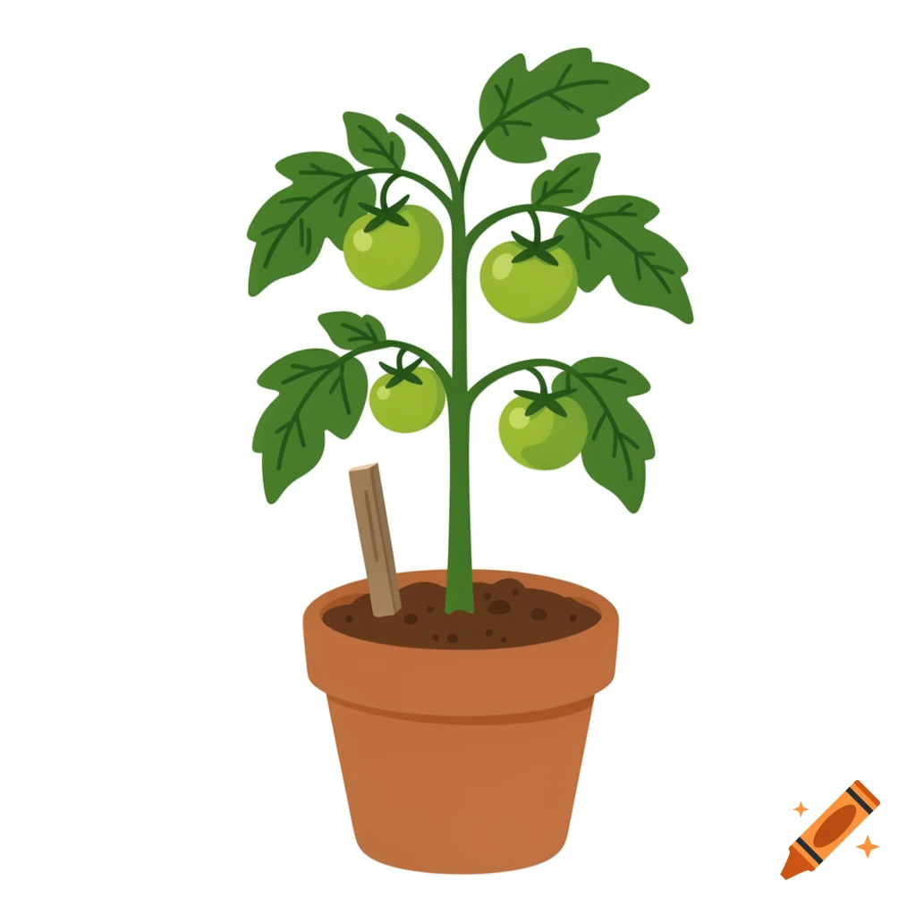 Childish drawing illustration of a potted tomato plant with green tomatoes and a stick support on a white background.