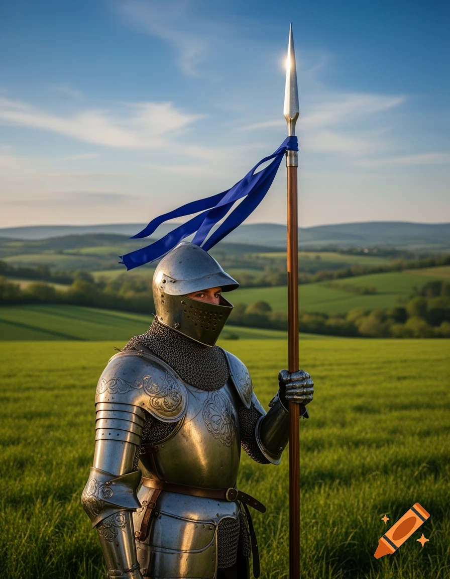 A knight in shining full plate armor and chainmail holds a tall lance with blue ribbons in a vibrant green field under a clear blue sky.