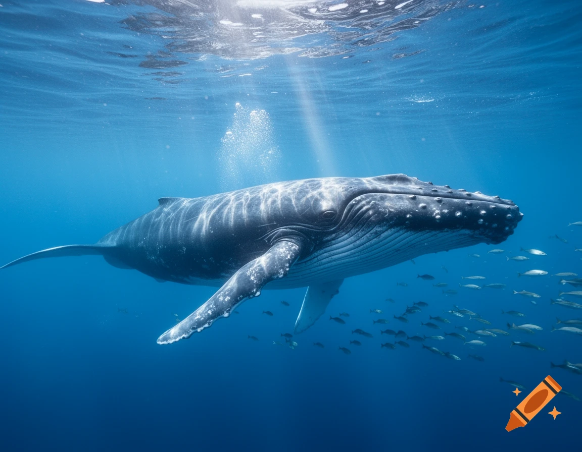 A majestic humpback whale swims underwater in a deep blue ocean, surrounded by small fish and illuminated by sunlight from above. Photorealistic style.
