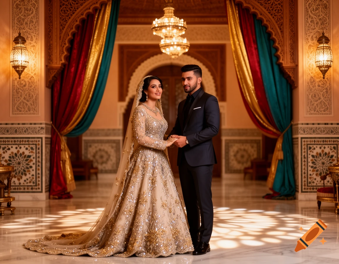 A Moroccan couple in ornate wedding attire holds hands in a lavish, arch-filled hall.