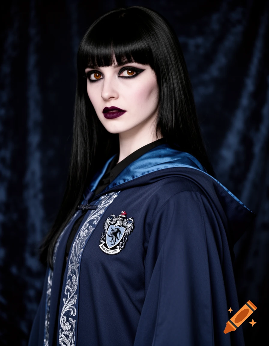 Photorealistic portrait of a gothic woman with black hair, dark makeup, and brown eyes, wearing a dark blue Ravenclaw robe.