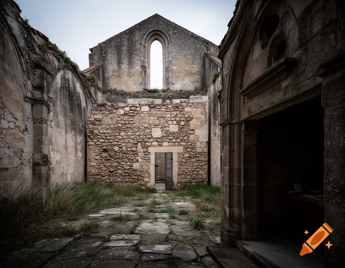 Photorealistic view inside a ruined stone church with crumbling walls, overgrown grass, and a small door in a rough stone partition.